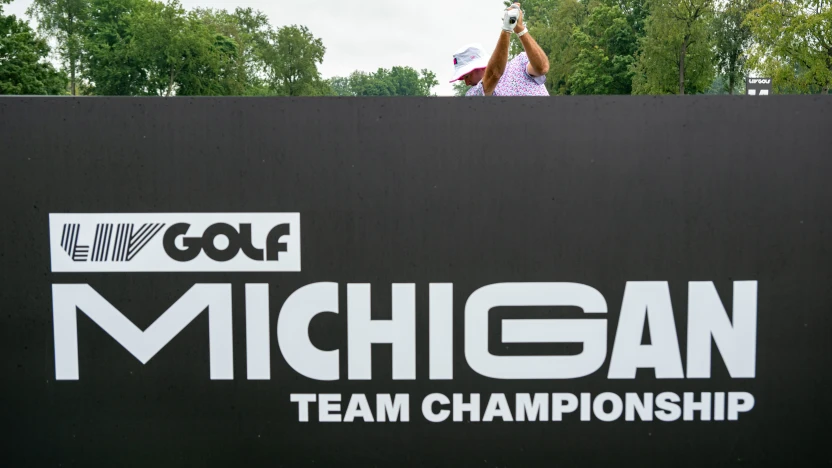 Captain Bubba Watson of RangeGoats GC hits his shot from the 14th tee during the practice round before the start of LIV Golf Team Championship Michigan at The Cardinal at Saint John’s on Tuesday, August 19, 2025 in Plymouth, MIchigan. (Photo by Charles Laberge/LIV Golf)