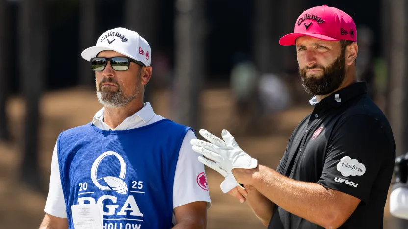 Captain Jon Rahm of Legion XIII and caddie, Adam Hayes, are seen on the fifth tee during the final round of the 2025 PGA Championship at Quail Hollow Club on Sunday, May 18, 2025 in Charlotte, North Carolina. (Photo by Jon Ferrey/LIV Golf)