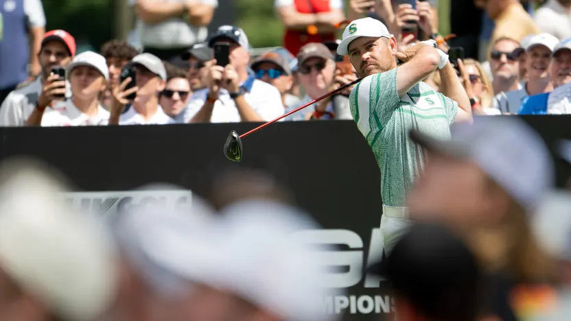 Captain Louis Oosthuizen of Stinger GC hits his shot from the second tee during the final round of LIV Golf Team Championship Michigan at The Cardinal at Saint John’s on Sunday, August 24, 2025 in Plymouth, MIchigan. (Photo by Charles Laberge/LIV Golf)