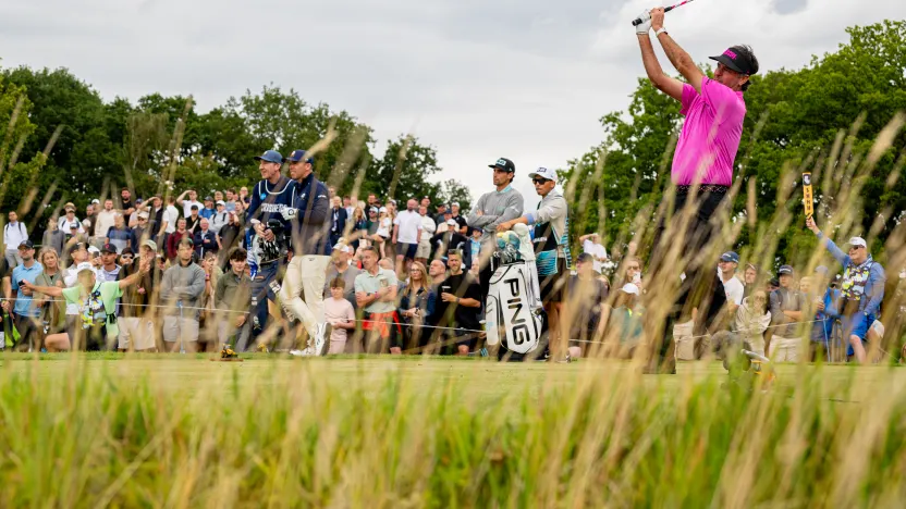 Captain Bubba Watson of RangeGoats GC hits his shot from the second tee during the final round of LIV Golf United Kingdom at JCB Golf & Country Club on Sunday, July 27, 2025 in Rocester, England. (Photo by Charles Laberge/LIV Golf)