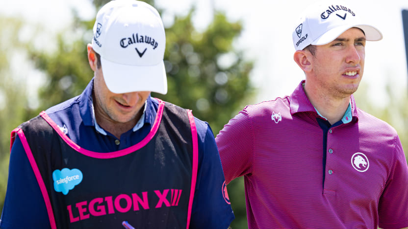 Tom McKibbin of Legion XIII and his caddie, Ricky McCormick, wait on the 13th tee during the second round of LIV Golf Chicago at Bolingbrook Golf Club on Saturday, August 09, 2025 in Bolingbrook, Illinois. (Photo by Jon Ferrey/LIV Golf)