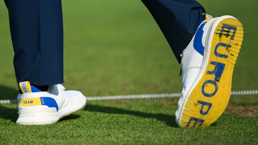 A detail view of the sneakers worn by Jon Rahm of Team Europe on the driving range during the practice round before the 2025 Ryder Cup at Bethpage Black Golf Course on Tuesday, September 23, 2025 in Farmingdale, New York. (Photo by Charles Laberge/LIV Golf)