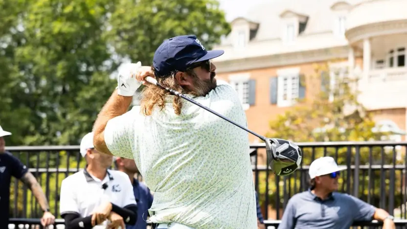 Content creator Fat Perez hits his shot from the first tee during the Duels Virginia before the start of LIV Golf Virginia at Robert Trent Jones Golf Club on Tuesday, June 03, 2025 in Gainesville, Virginia. (Photo by Chris Trotman/LIV Golf)