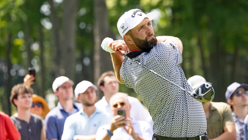 Captain Jon Rahm of Legion XIII hits his shot from the 10th tee during the quarterfinals of LIV Golf Team Championship Michigan at The Cardinal at Saint John’s on Friday, August 22, 2025 in Plymouth, MIchigan. (Photo by Jon Ferrey/LIV Golf)