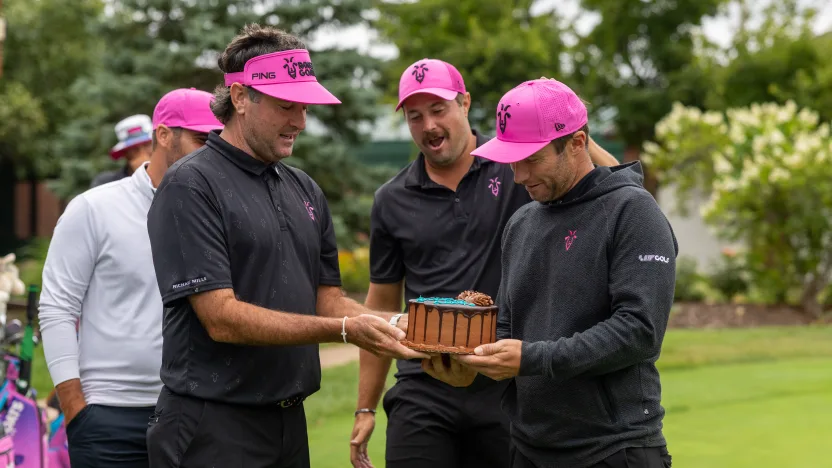 Bubba Watson, Peter Uihlein, Matthew Wolff present Ben Cambpell of RangeGoats GC with a birthday cake at the Potential Unleashed short game activation during the practice round before the start of LIV Golf Team Championship Michigan at The Cardinal at Saint John’s on Wednesday, August 20, 2025 in Plymouth, MIchigan. (Photo by Scott Taetsch/LIV Golf)