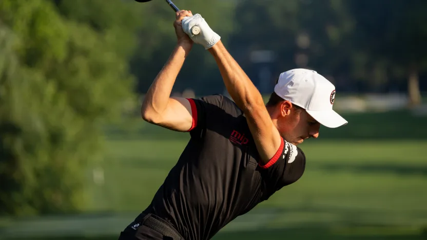 David Puig of Fireballs GC hits his shot from the third tee during the first round of the 2025 PGA Championship at Quail Hollow Club on Thursday, May 15, 2025 in Charlotte, North Carolina. (Photo by Jon Ferrey/LIV Golf)