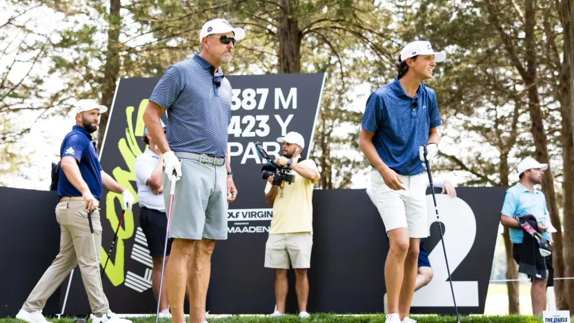 Content creator Grant Horvat is seen with Captain Phil Mickelson of HyFlyers GC on the 2nd tee during the Duels Virginia before the start of LIV Golf Virginia at Robert Trent Jones Golf Club on Tuesday, June 03, 2025 in Gainesville, Virginia. (Photo by Chris Trotman/LIV Golf)