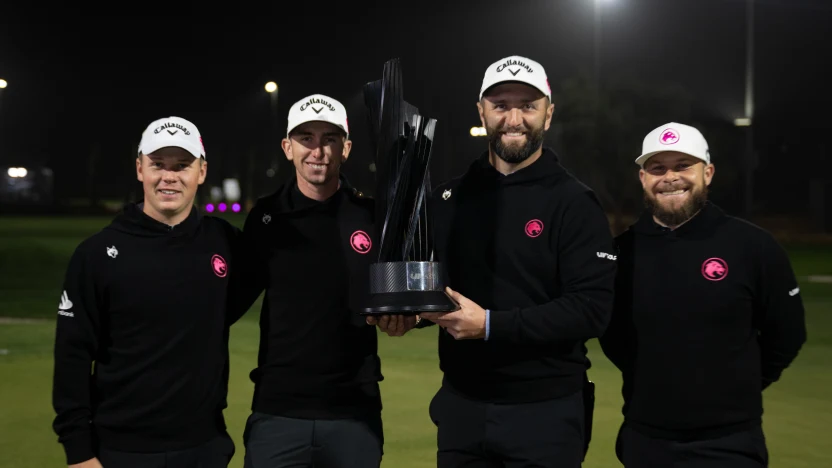 image: First place team champions Caleb Surratt of Legion XIII, Tom McKibbin of Legion XIII, Captain Jon Rahm of Legion XIII and Tyrrell Hatton of Legion XIII pose with the trophy on the 18th green after the final round of LIV Golf Riyadh at Riyadh Golf Club on Saturday, February 08, 2025 in Riyadh, Saudi Arabia. (Photo by Montana Pritchard/LIV Golf)