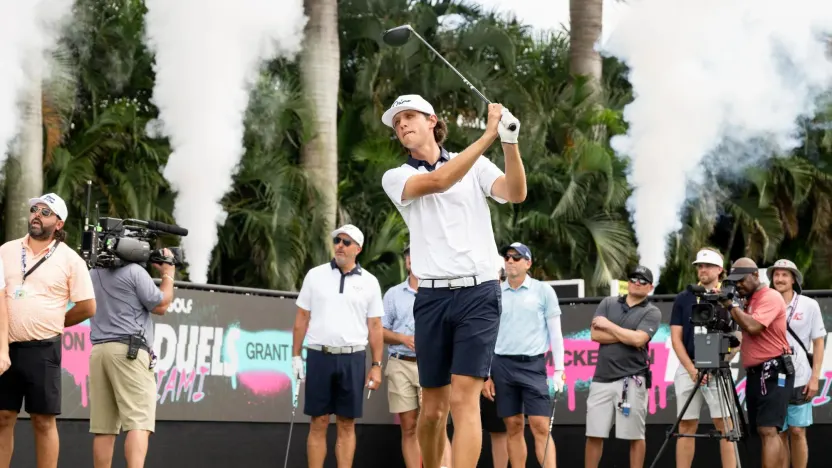 Content creator, Grant Horvat, hits his shot from the tee during The Duels before the start of LIV Golf Miami at Trump National Doral on Thursday, April 03, 2025 in Miami, Florida. (Photo by Charles Laberge/LIV Golf)