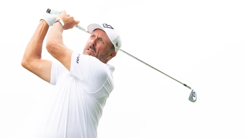 Captain Phil Mickelson of HyFlyers GC hits his shot from the third tee during the semifinals of LIV Golf Team Championship Michigan at The Cardinal at Saint John’s on Saturday, August 23, 2025 in Plymouth, MIchigan. (Photo by Scott Taetsch/LIV Golf)