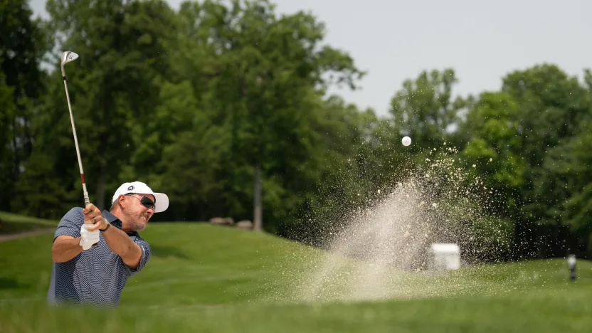 Captain Phil Mickelson of HyFlyers GC hits his shot from a bunker on the 10th hole during the practice round before the start of LIV Golf Virginia at Robert Trent Jones Golf Club on Tuesday, June 03, 2025 in Gainesville, Virginia. (Photo by Charles Laberge/LIV Golf)
