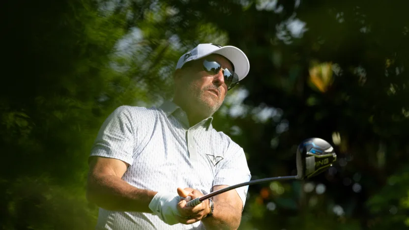 Captain Phil Mickelson of HyFlyers GC hits his shot from the 16th tee during the first round of the 2025 PGA Championship at Quail Hollow Club on Thursday, May 15, 2025 in Charlotte, North Carolina. (Photo by Jon Ferrey/LIV Golf)