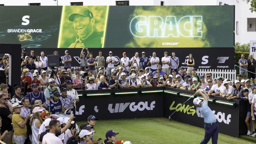 Branden Grace of Stinger GC hits his shot from the first tee during the second round of LIV Golf Andalucía at Real Club Valderrama on Saturday, July 12, 2025 in San Roque, Spain. (Photo by Jon Ferrey/LIV Golf)