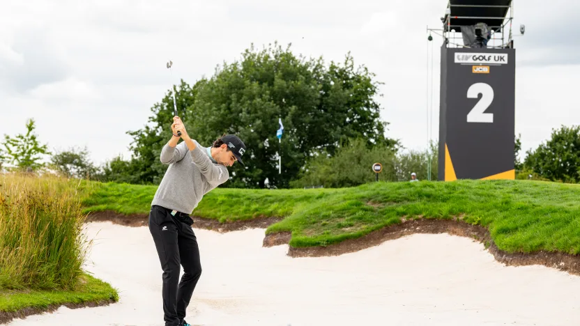 Captain Joaquín Niemann of Torque GC hits his shot from a bunker on the second hole during the final round of LIV Golf United Kingdom at JCB Golf & Country Club on Sunday, July 27, 2025 in Rocester, England. (Photo by Charles Laberge/LIV Golf)