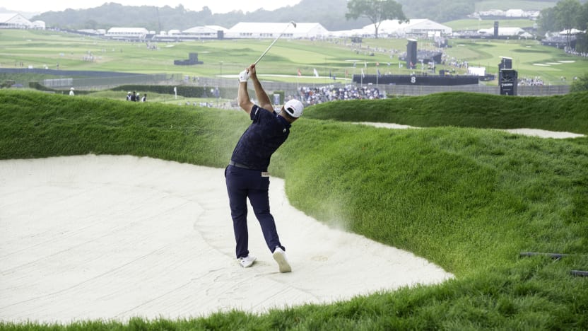 Captain Jon Rahm of Legion XIII hits his shot from a bunker on the first hole during the second round of the US Open at Oakmont Country Club on Friday, June 13, 2025 in Oakmont, Pennsylvania. (Photo by Charles Laberge/LIV Golf)