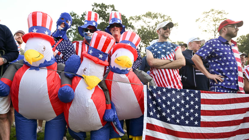 Fans pose for a photo during the morning foursomes of the Ryder Cup at Bethpage Black Golf Course on Saturday, September 27, 2025 in Farmingdale, New York. (Photo by Charles Laberge/LIV Golf)