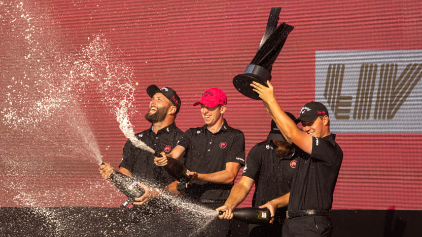 First place team champions, Captain Jon Rahm of Legion XIII, Tom McKibbin of Legion XIII, Caleb Surratt of Legion XIII, and Tyrrell Hatton of Legion XIII celebrate on stage at the trophy ceremony after the final round of LIV Golf Mexico City at Club de Golf Chapultepec on Sunday, April 27, 2025 in Naucalpan, Mexico. (Photo by LIV Golf)