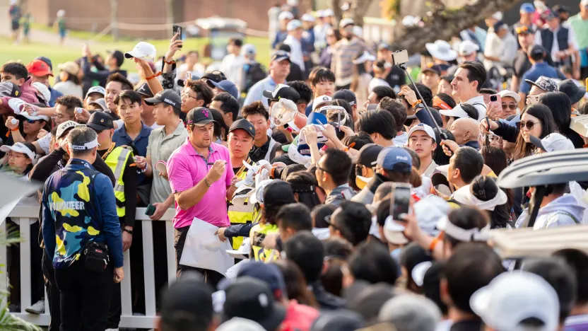 Peter Uihlein of RangeGoats GC signs his autograph for fans fter the final round of LIV Golf Hong Kong at Hong Kong Golf Club Fanling on Sunday, March 09, 2025 in Fanling, Hong Kong. (Photo by Mateo Villalba/LIV Golf)