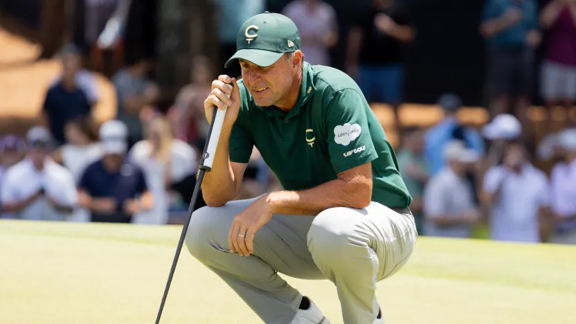 Richard Bland of Cleeks GC reads his putt on the second green during the third round of the 2025 PGA Championship at Quail Hollow Club on Saturday, May 17, 2025 in Charlotte, North Carolina. (Photo by Jon Ferrey/LIV Golf)