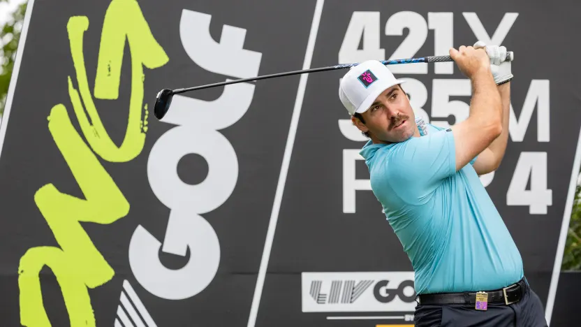 Matthew Wolff of RangeGoats GC hits his shot from the eighth tee during the practice round before the start of LIV Golf United Kingdom by JCB at JCB Golf & Country Club on Tuesday, July 22, 2025 in Rocester, England. (Photo by Jon Ferrey/LIV Golf)
