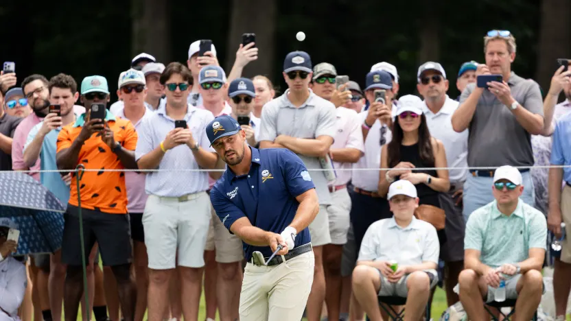 Captain Bryson DeChambeau of Crushers GC hits his shot during the final round of the 2025 PGA Championship at Quail Hollow Club on Sunday, May 18, 2025 in Charlotte, North Carolina. (Photo by Jon Ferrey/LIV Golf)