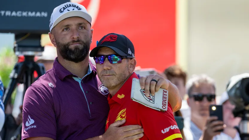 Captain Jon Rahm of Legion XIII and Captain Sergio Garcia of Fireballs GC are seen on the first tee during the first round of LIV Golf Andalucía at Real Club Valderrama on Friday, July 11, 2025 in San Roque, Spain. (Photo by Matthew Harris/LIV Golf)