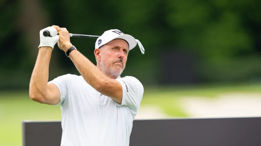 Captain Phil Mickelson of HyFlyers GC hits his shot from the 17th tee during the practice round before the start of LIV Golf Singapore at Sentosa Golf Club on Tuesday, March 11, 2025 in Sentosa, Singapore. (Photo by Pedro Salado/LIV Golf)