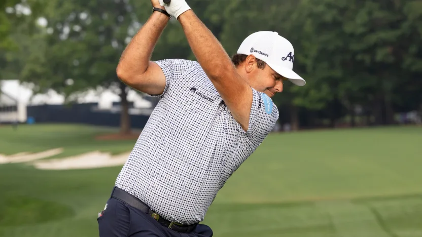 Patrick Reed of 4Aces GC hits his shot from the 11th tee during the second round of the 2025 PGA Championship at Quail Hollow Club on Friday, May 16, 2025 in Charlotte, North Carolina. (Photo by Jon Ferrey/LIV Golf)