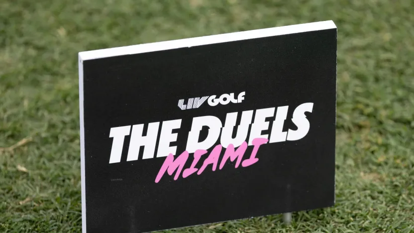 The Duels Miami tee marker is seen during The Duels before the start of LIV Golf Miami at Trump National Doral on Thursday, April 03, 2025 in Miami, Florida. (Photo by Jon Ferrey/LIV Golf)