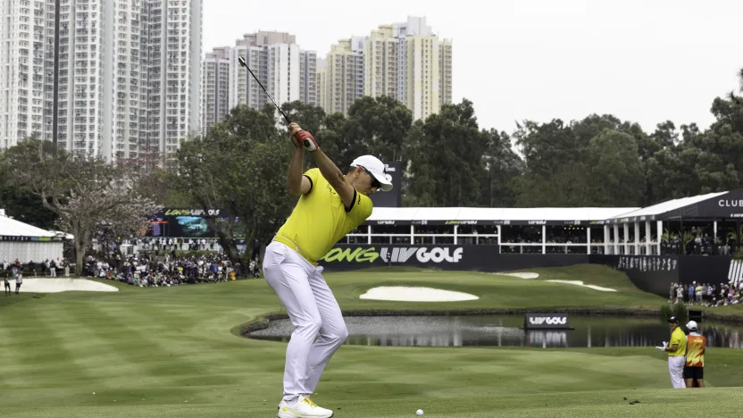 Captain Sergio Garcia of Fireballs GC hits his shot from the 18th fairway during the second round of LIV Golf Hong Kong at Hong Kong Golf Club Fanling on Saturday, March 08, 2025 in Fanling, Hong Kong. (Photo by Jon Ferrey/LIV Golf)