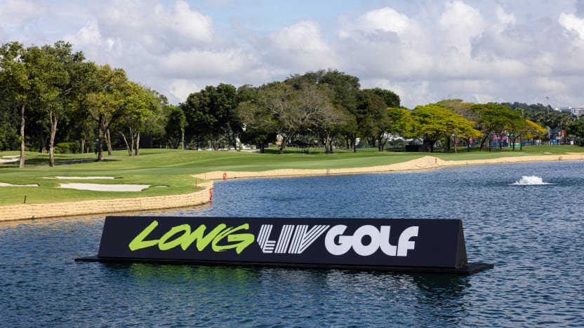 Signage seen nearby the 18th hole during the practice round before the start of LIV Golf Singapore at Sentosa Golf Club on Tuesday, March 11, 2025 in Sentosa, Singapore. (Photo by Chris Trotman/LIV Golf)