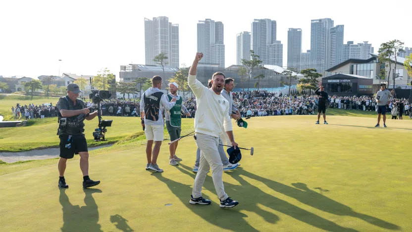 First place individual champion, Captain Bryson DeChambeau of Crushers GC celebrates on the on the 18th green after the final round of LIV Golf Korea at Jack Nicklaus Golf Club on Sunday, May 04, 2025 in Incheon, South Korea. (Photo by Charles Laberge/LIV Golf)