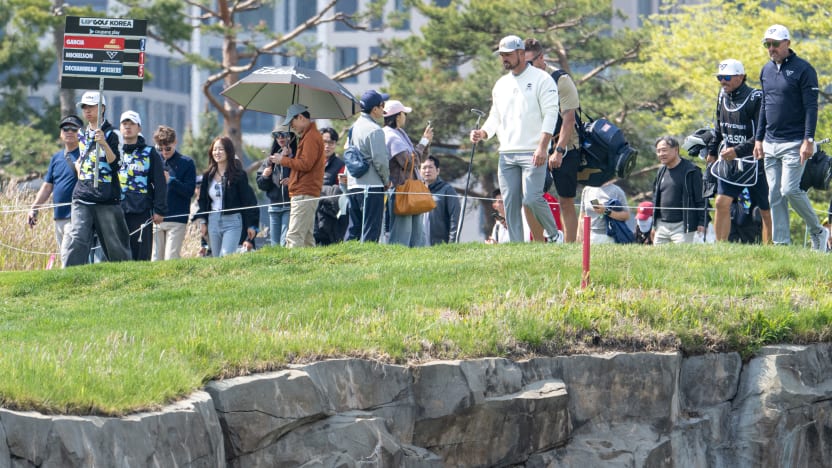 Captain Bryson DeChambeau of Crushers GC and Captain Phil Mickelson of HyFlyers GC walk the 13th hole during the first round of LIV Golf Korea at Jack Nicklaus Golf Club on Friday, May 02, 2025 in Incheon, South Korea. (Photo by Charles Laberge/LIV Golf)
