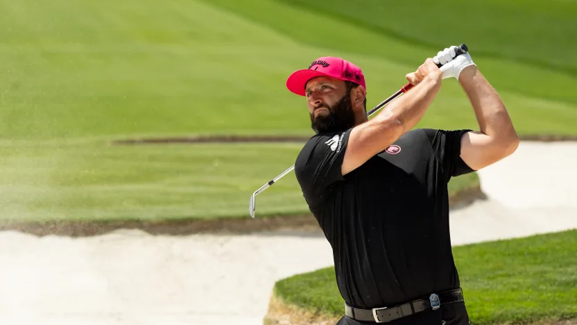 Captain Jon Rahm of Legion XIII hits his shot from a bunker on the fifth hole during the final round of the 2025 PGA Championship at Quail Hollow Club on Sunday, May 18, 2025 in Charlotte, North Carolina. (Photo by Jon Ferrey/LIV Golf)