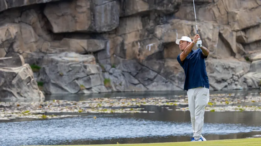 Wild Card player, Anthony Kim hits his shot from the 18th fairway during the first round of LIV Golf Korea at Jack Nicklaus Golf Club on Friday, May 02, 2025 in Incheon, South Korea. (Photo by Jon Ferrey/LIV Golf)