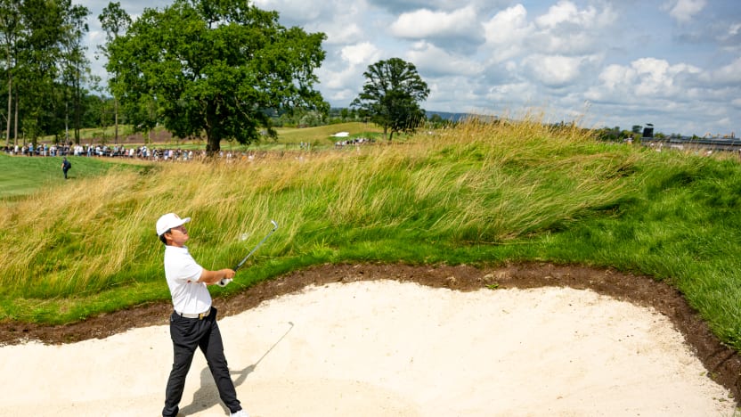 Yubin Jang of Iron Heads GC hits his shot from a bunker on the eighth hole during the second round of LIV Golf United Kingdom at JCB Golf & Country Club on Saturday, July 26, 2025 in Rocester, England. (Photo by Charles Laberge/LIV Golf)