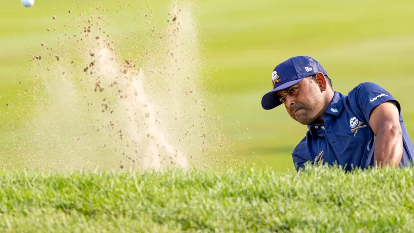 Anirban Lahiri of Crushers GC hits his shot from a bunker on the third hole during the final round of LIV Golf Chicago at Bolingbrook Golf Club on Sunday, August 10, 2025 in Bolingbrook, Illinois. (Photo by Jon Ferrey/LIV Golf)