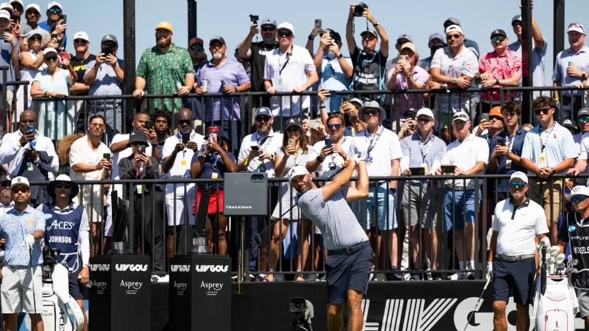 Captain Dustin Johnson of 4Aces GC hits his shot from the first tee during the first round of LIV Golf Dallas at Maridoe Golf Club on Friday, June 27, 2025 in Carrollton, Texas. (Photo by Montana Pritchard/LIV Golf)