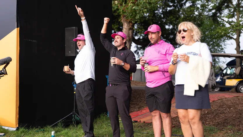 Captain Bubba Watson of RangeGoats GC and Matthew Wolff of RangeGoats GC see cheering during the Caddie Tournament before the start of LIV Golf United Kingdom at JCB Golf & Country Club on Wednesday, July 23, 2025 in Rocester, England. (Photo by Mateo Villalba/LIV Golf)