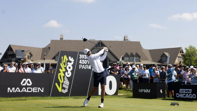 Cameron Tringale of HyFlyers GC hits his shot from the 10th tee during the first round of LIV Golf Chicago at Bolingbrook Golf Club on Friday, August 08, 2025 in Bolingbrook, Illinois. (Photo by LIV Golf)