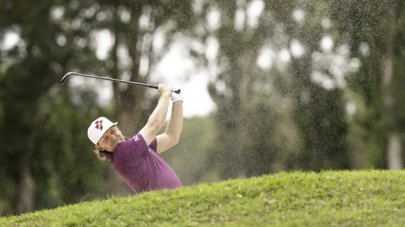 Captain Cameron Smith of Ripper GC hits his shot from a bunker on the ninth hole during the final round of LIV Golf Hong Kong at Hong Kong Golf Club Fanling on Sunday, March 09, 2025 in Fanling, Hong Kong. (Photo by Chris Trotman/LIV Golf)