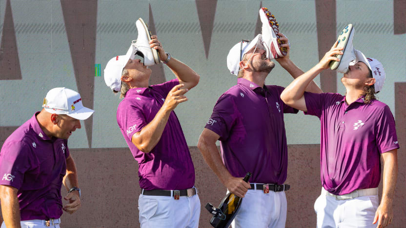 First place team champions, Lucas Herbert of Ripper GC, Matt Jones of Ripper GC, Marc Leishman of Ripper GC and Captain Cameron Smith of Ripper GC do a shoey during the trophy ceremony after the final round of LIV Golf Miami at Trump National Doral on Sunday, April 06, 2025 in Miami, Florida. (Photo by Nick Laham/LIV Golf)