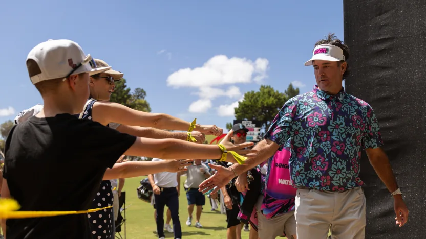 Captain Bubba Watson of RangeGoats GC shakes hands with fans during the first round of LIV Golf Adelaide at Grange Golf Club on Friday, February 14, 2025 in Adelaide, Australia. (Photo by Scott Taetsch/LIV Golf)