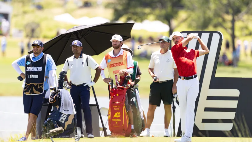 David Puig of Fireballs GC hits his shot from the fourth tee during the second round of LIV Golf Dallas at Maridoe Golf Club on Saturday, June 28, 2025 in Carrollton, Texas. (Photo by Chris Trotman/LIV Golf)