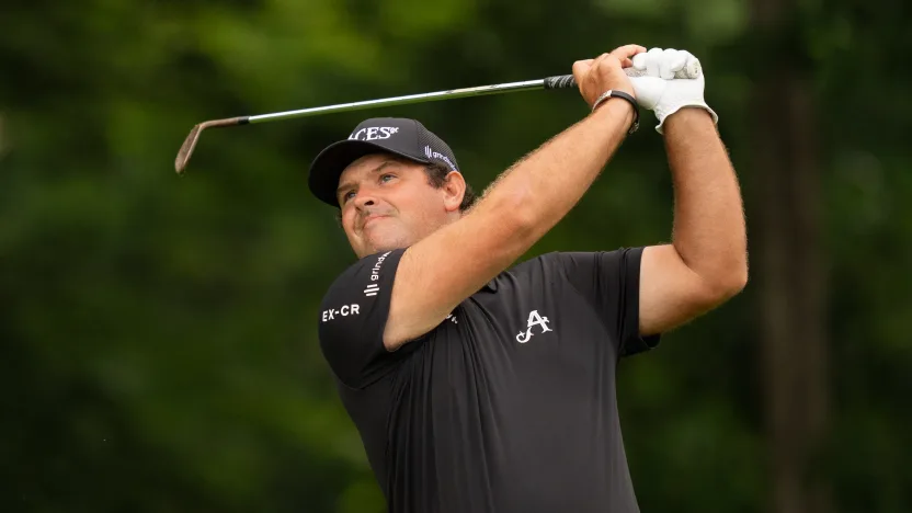Patrick Reed of 4Aces GC hits his shot on the 12th hole during the final round of LIV Golf Virginia at Robert Trent Jones Golf Club on Sunday, June 08, 2025 in Gainesville, Virginia. (Photo by Pedro Salado/LIV Golf)