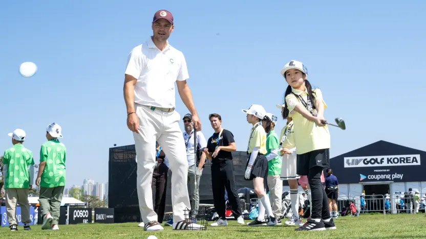 Captain Martin Kaymer of Cleeks GC and participants are seen at the first tee and KPGA potential, unleashed activation during the practice round before the start of LIV Golf Korea at Jack Nicklaus Golf Club on Wednesday, April 30, 2025 in Incheon, South Korea. (Photo by Charles Laberge/LIV Golf)