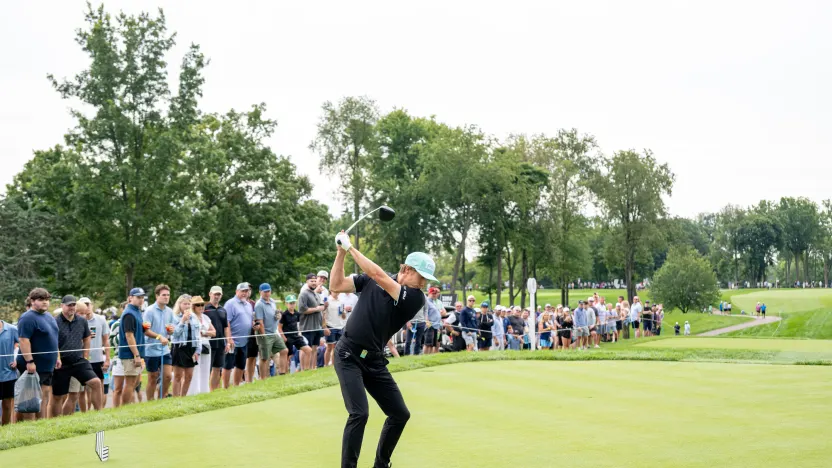 Carlos Ortiz of Torque GC hits his shot from the 14th tee during the semifinals of LIV Golf Team Championship Michigan at The Cardinal at Saint John’s on Saturday, August 23, 2025 in Plymouth, MIchigan. (Photo by Charles Laberge/LIV Golf)