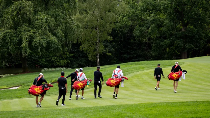 David Puig of Fireballs GC, Josele Ballester of Fireballs GC, Captain Sergio Garcia of Fireballs GC and Abraham Ancer of Fireballs GC are seen on the first hole during the practice round before the start of LIV Golf United Kingdom by JCB at JCB Golf & Country Club on Tuesday, July 22, 2025 in Rocester, England. (Photo by Jon Ferrey/LIV Golf)