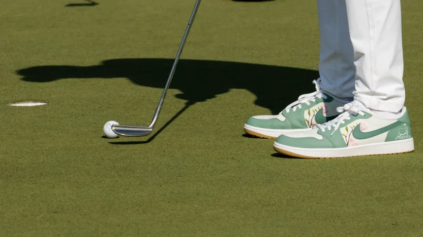 A detail view of the sneakers worn by Captain Phil Mickelson of HyFlyers GC during the practice round before the start of The Masters at the Augusta National Golf Club on Wednesday, April 09, 2025 in Augusta, Georgia. (Photo by Montana Pritchard/LIV Golf)