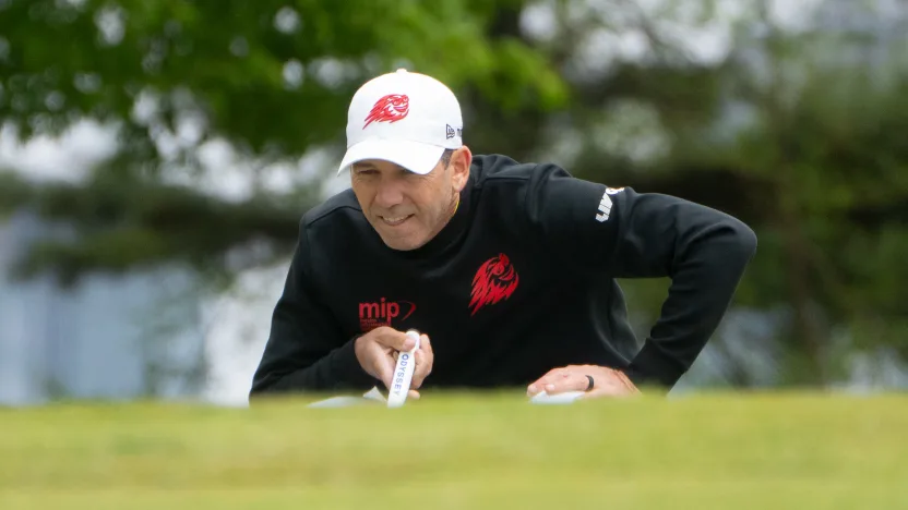 Captain Sergio Garcia of Fireballs GC reads his putt on the sixth green during the second round of LIV Golf Korea at Jack Nicklaus Golf Club on Saturday, May 03, 2025 in Incheon, South Korea. (Photo by Mike Stobe/LIV Golf)